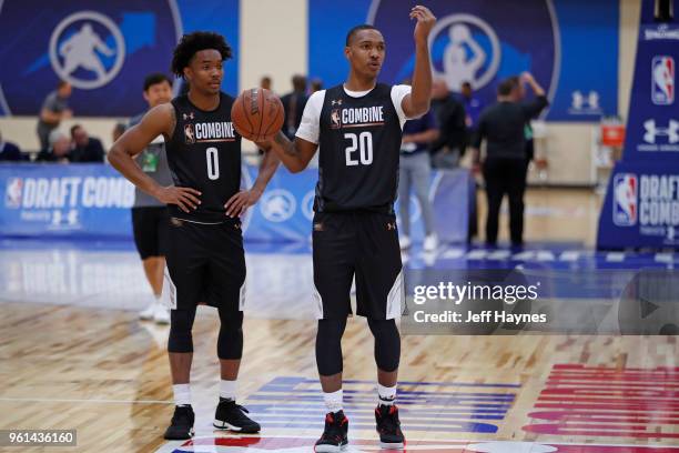 Devonte Graham and Tony Carr look on during the NBA Draft Combine Day 1 at the Quest Multisport Center on May 17, 2018 in Chicago, Illinois. NOTE TO...