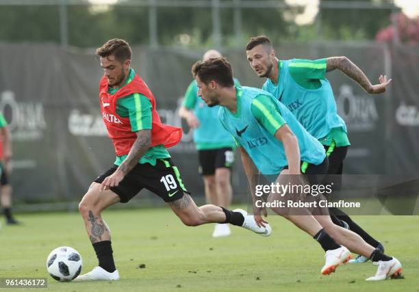 Josh Risdon of Australia runs with the ball during the Australian Socceroos training session at the Gloria Football Club on May 22, 2018 in Antalya,...