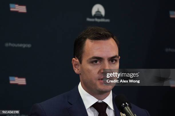 Rep. Mike Gallagher speaks during a news briefing after a House Republican Conference meeting May 22, 2018 on Capitol Hill in Washington, DC. House...