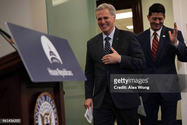 Speaker of the House Rep. Paul Ryan and House Majority Leader Rep. Kevin McCarthy arrive at a post House Republican Conference meeting news briefing...
