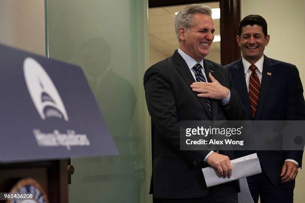 Speaker of the House Rep. Paul Ryan and House Majority Leader Rep. Kevin McCarthy arrive at a post House Republican Conference meeting news briefing...