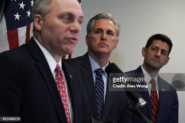House Majority Whip Rep. Steve Scalise speaks as House Majority Leader Rep. Kevin McCarthy , and Speaker of the House Rep. Paul Ryan listen during a...