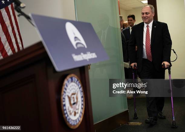 House Majority Whip Rep. Steve Scalise arrives at a post House Republican Conference meeting news briefing May 22, 2018 on Capitol Hill in...