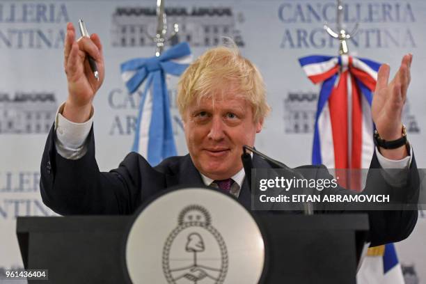 British Secretary of State for Foreign Affairs Boris Johnson, speaks during a joint press conference with Argentine Foreign Minister Jorge Faurie and...