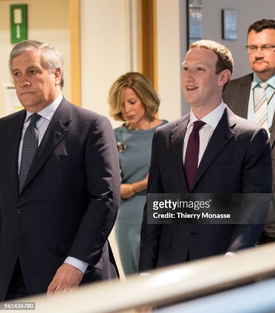 President of the European Parliament Antonio Tajani welcomes Facebook chief Mark Zuckerberg prior to their meeting on May 22, 2018 in Brussels,...