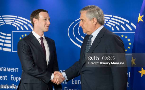 Facebook chief Mark Zuckerberg is welcome by the President of the European Parliament Antonio Tajani prior to their meeting on May 22, 2018 in...
