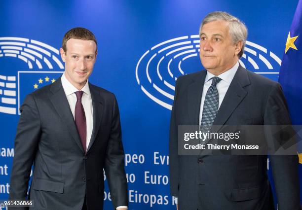 Facebook chief Mark Zuckerberg is welcome by the President of the European Parliament Antonio Tajani prior to their meeting on May 22, 2018 in...