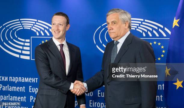 Facebook chief Mark Zuckerberg is welcome by the President of the European Parliament Antonio Tajani prior to their meeting on May 22, 2018 in...