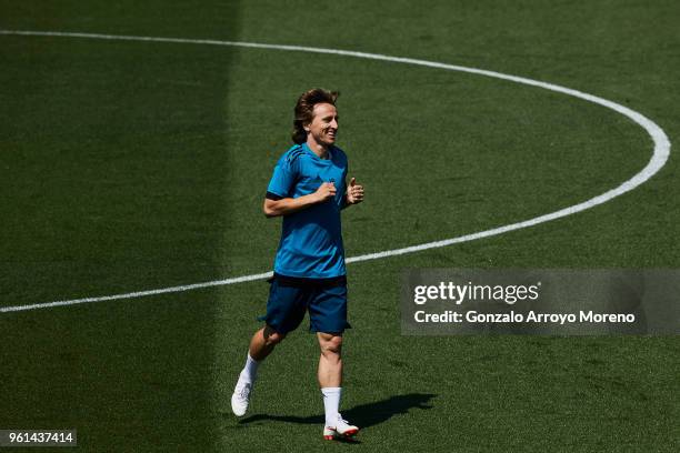 Luka Modric of Real Madrid CF reacts during a training session held during the Real Madrid UEFA Open Media Day ahead of the UEFA Champions League...