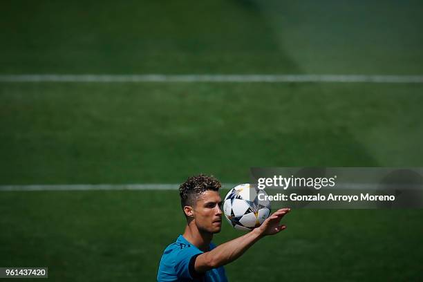 Cristiano Ronaldo of Real Madrid CF controls the ball during a training session held during the Real Madrid UEFA Open Media Day ahead of the UEFA...