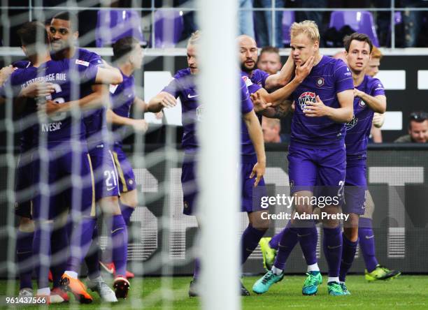 Soeren Bertram of FC Erzgebirge Aue celebrates after scoring the first goal during the relegation 2018 2. Bundesliga Playoff Leg 2 match between...