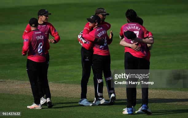 Members of the Sussex side celebrate victory over Somerset during the Royal London One-Day Cup match between Somerset and Sussex at The Cooper...