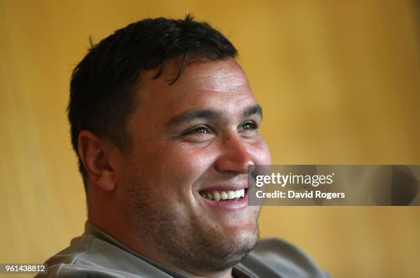 Jamie George faces the media during the Saracens media session held at Old Albanians on May 22, 2018 in St Albans, England.