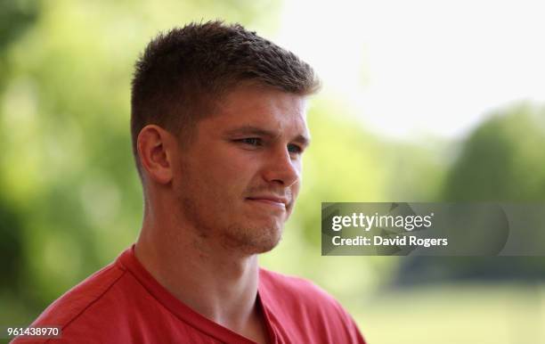 Owen Farrell faces the media during the Saracens media session held at Old Albanians on May 22, 2018 in St Albans, England.