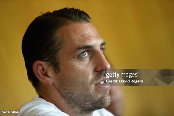 Chris Wyles faces the media during the Saracens media session held at Old Albanians on May 22, 2018 in St Albans, England.