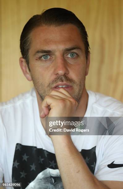 Chris Wyles faces the media during the Saracens media session held at Old Albanians on May 22, 2018 in St Albans, England.