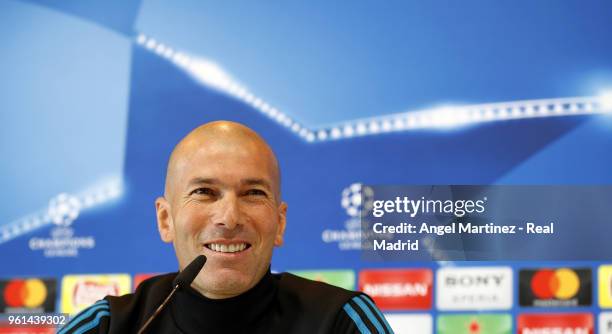 Head coach Zinedine Zidane of Real Madrid attends a press conference at Valdebebas training ground on May 22, 2018 in Madrid, Spain.