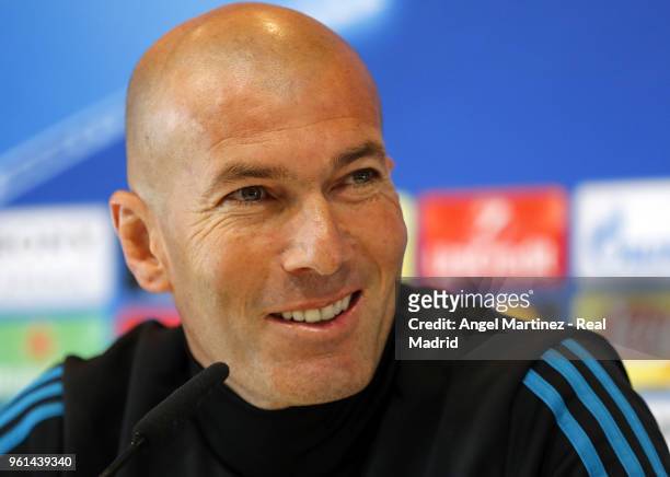 Head coach Zinedine Zidane of Real Madrid attends a press conference at Valdebebas training ground on May 22, 2018 in Madrid, Spain.