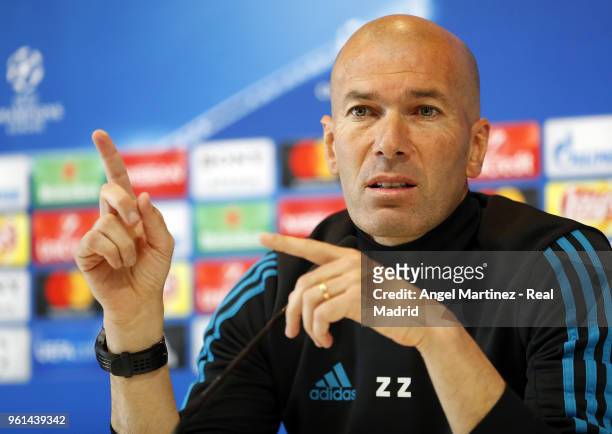 Head coach Zinedine Zidane of Real Madrid attends a press conference at Valdebebas training ground on May 22, 2018 in Madrid, Spain.