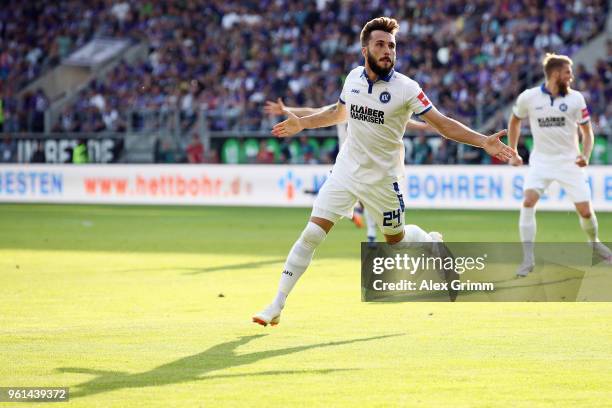 Fabian Schleusener of Karlsruhe celebrates his team's first goal during the 2. Bundesliga Playoff Leg 2 match between Erzgebirge Aue and Karlsruher...