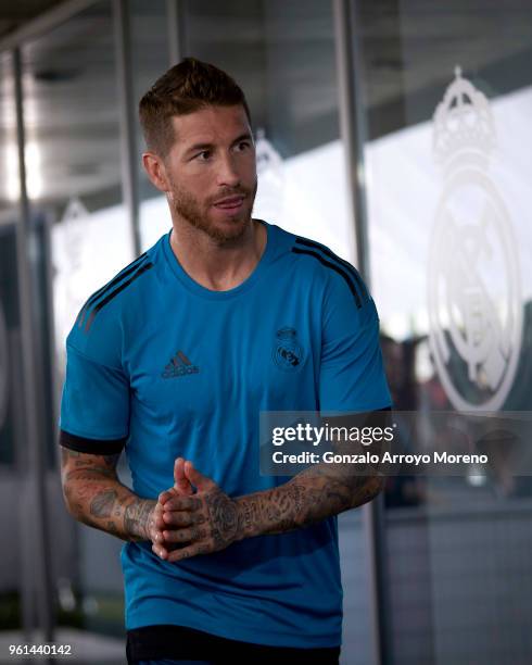 Sergio Ramos of Real Madrid CF attends questions from the media during the Real Madrid UEFA Open Media Day ahead of the UEFA Champions League Final...