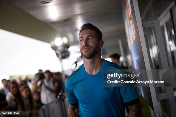 Sergio Ramos of Real Madrid CF attends questions from the media during the Real Madrid UEFA Open Media Day ahead of the UEFA Champions League Final...