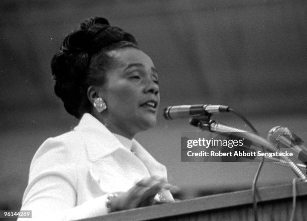 Close-up of American Civil Rights leader Coretta Scott King as she speaks at Mason Temple, Church of God, 9 years after Dr. King's murder, Memphis,...