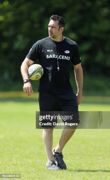 Alex Sanderson, the Saracens defence coach, looks on during the Saracens training session held at Old Albanians on May 22, 2018 in St Albans, England.