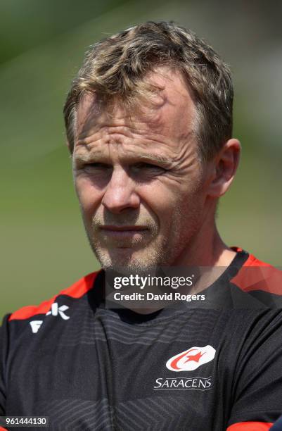 Mark McCall, the Saracens director of rugby looks on during the Saracens training session held at Old Albanians on May 22, 2018 in St Albans, England.