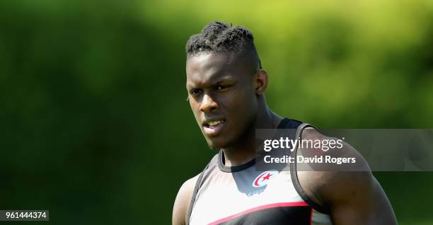 Maro Itoje looks on during the Saracens training session held at Old Albanians on May 22, 2018 in St Albans, England.