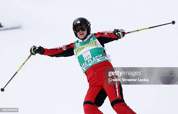 Kelsey Serwa of Canada celebrates after winning the women's final of the 2010 Freestyle Skiing World Cup Ski Cross at Whiteface Mountain on January...