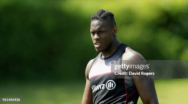 Maro Itoje looks on during the Saracens training session held at Old Albanians on May 22, 2018 in St Albans, England.