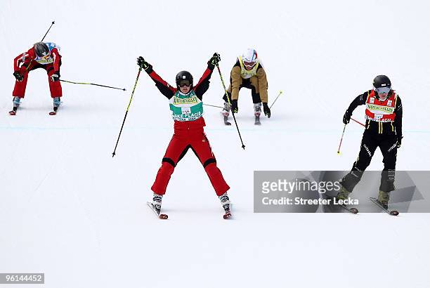 Kelsey Serwa of Canada celebrates after winning the women's final of the 2010 Freestyle Skiing World Cup Ski Cross at Whiteface Mountain on January...