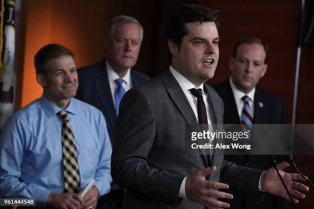 Rep. Matt Gaetz speaks as Rep. Jim Jordan , Rep. Mark Meadows , and Rep. Lee Zeldin listen during a news conference May 22, 2018 on Capitol Hill in...