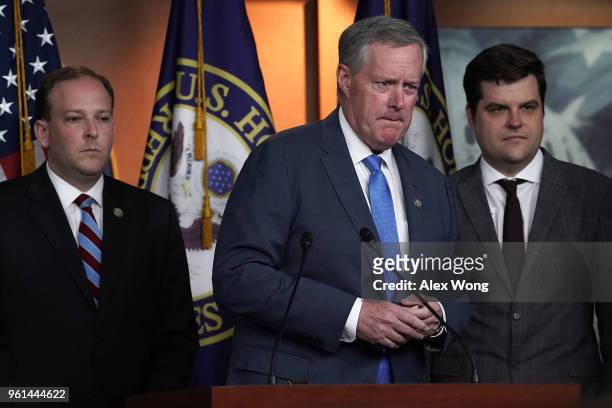 Rep. Mark Meadows speaks as Rep. Lee Zeldin , and Rep. Matt Gaetz listen during a news conference May 22, 2018 on Capitol Hill in Washington, DC....
