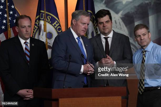 Rep. Lee Zeldin , Rep. Mark Meadows , Rep. Matt Gaetz and Rep. Jim Jordan listen during a news conference May 22, 2018 on Capitol Hill in Washington,...