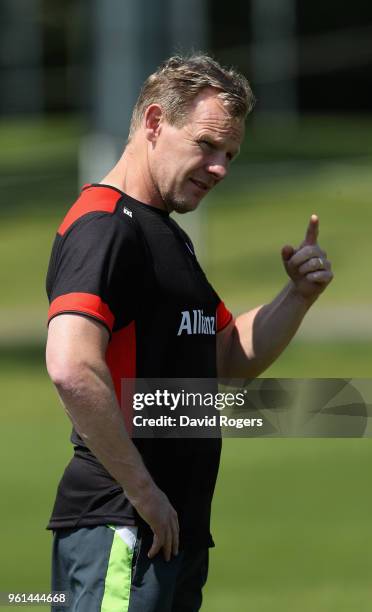 Mark McCall, the Saracens director of rugby looks on during the Saracens training session held at Old Albanians on May 22, 2018 in St Albans, England.