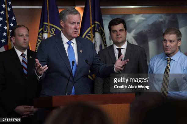 Rep. Mark Meadows speaks as Rep. Lee Zeldin , Rep. Matt Gaetz and Rep. Jim Jordan listen during a news conference May 22, 2018 on Capitol Hill in...