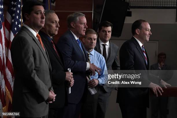 Rep. Lee Zeldin speaks as Rep. Mark Meadows , Rep. Jim Jordan , and Rep. Matt Gaetz listen during a news conference May 22, 2018 on Capitol Hill in...