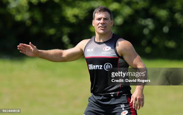 Schalk Brits issues instructions during the Saracens training session held at Old Albanians on May 22, 2018 in St Albans, England.