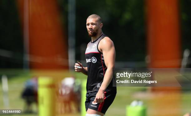 Nick Isiekwe looks on during the Saracens training session held at Old Albanians on May 22, 2018 in St Albans, England.