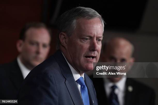 Rep. Mark Meadows speaks as Rep. Lee Zeldin and Rep. Louie Gohmert listen during a news conference May 22, 2018 on Capitol Hill in Washington, DC....