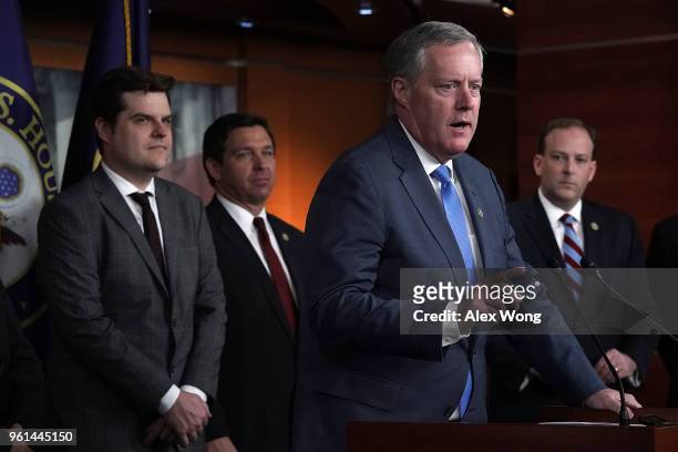 Rep. Mark Meadows speaks as Rep. Matt Gaetz , Rep. Ron DeSantis and Rep. Lee Zeldin listen during a news conference May 22, 2018 on Capitol Hill in...
