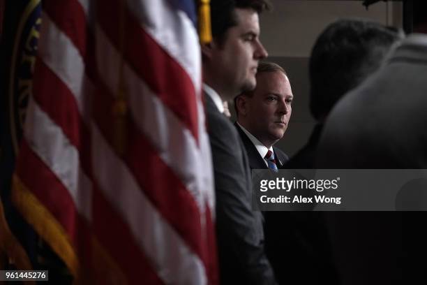 Rep. Lee Zeldin and Rep. Matt Gaetz listen during a news conference May 22, 2018 on Capitol Hill in Washington, DC. Rep. Zeldin will introduce with...