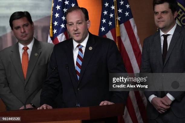Rep. Lee Zeldin speaks as Rep. Matt Gaetz listens during a news conference May 22, 2018 on Capitol Hill in Washington, DC. Rep. Zeldin will introduce...