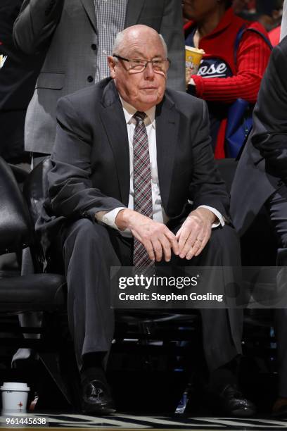 Head Coach Mike Thibault of the Washington Mystics looks on during the game against the Indiana Fever on May 20, 2018 at Capital One Arena in...