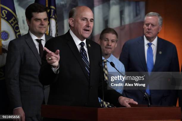 Rep. Louie Gohmert speaks as Rep. Mark Meadows , Rep. Jim Jordan , and Rep. Matt Gaetz listen during a news conference May 22, 2018 on Capitol Hill...