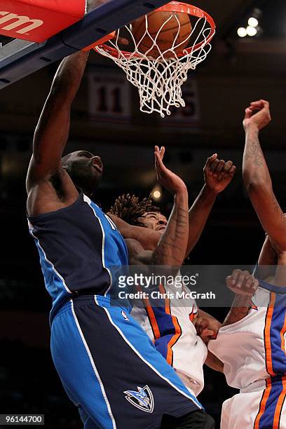 Tim Thomas of the Dallas Mavericks dunks against the New York Knicks at Madison Square Garden January 24, 2010 in New York City. The Knicks lost the...