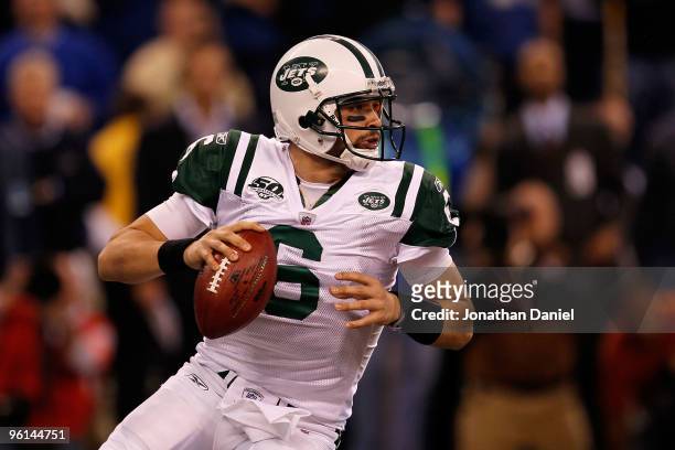 Mark Sanchez of the New York Jets looks to pass against the Indianapolis Colts during the first quarter of the AFC Championship Game at Lucas Oil...