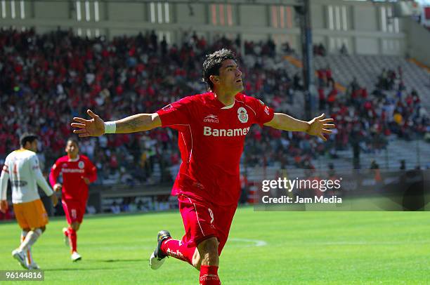 Hector Mancilla of Toluca celebrates scored goal against Jaguares during a match as part of the 2010 Bicentenary Tournament in the Mexican Football...